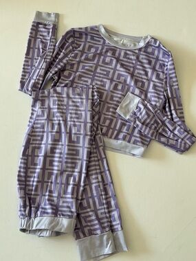 Vintage Purple Geometric Print Two-Piece Lounge Set Crop Top Pants Women’s Small